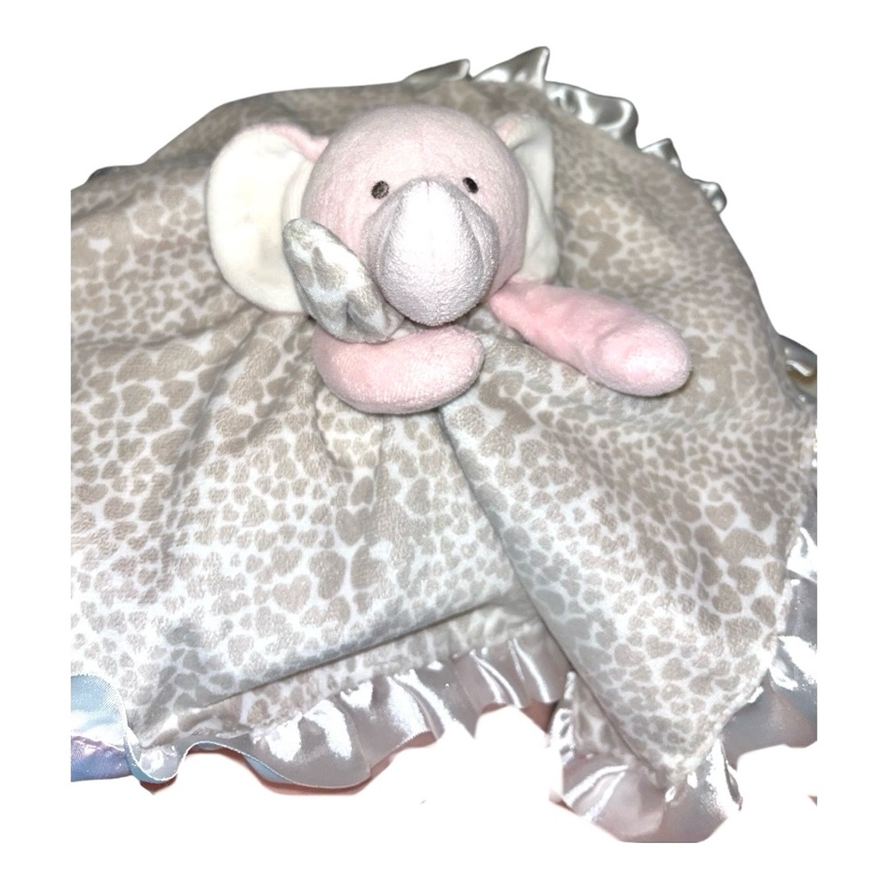 Pink Elephant lovey gray hearts white poly satin trim pink underside 15” square